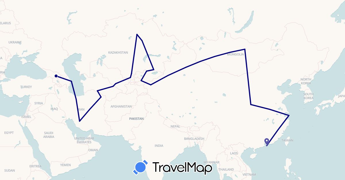 TravelMap itinerary: driving in Azerbaijan, China, Georgia, Iran, Kyrgyzstan, Kazakhstan, Mongolia, Turkmenistan, Uzbekistan (Asia)